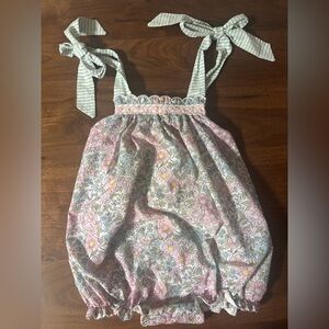Girls Busy Bee Smocks Size 4T Floral Bubble Romper with Tie Straps - Pink & Blue